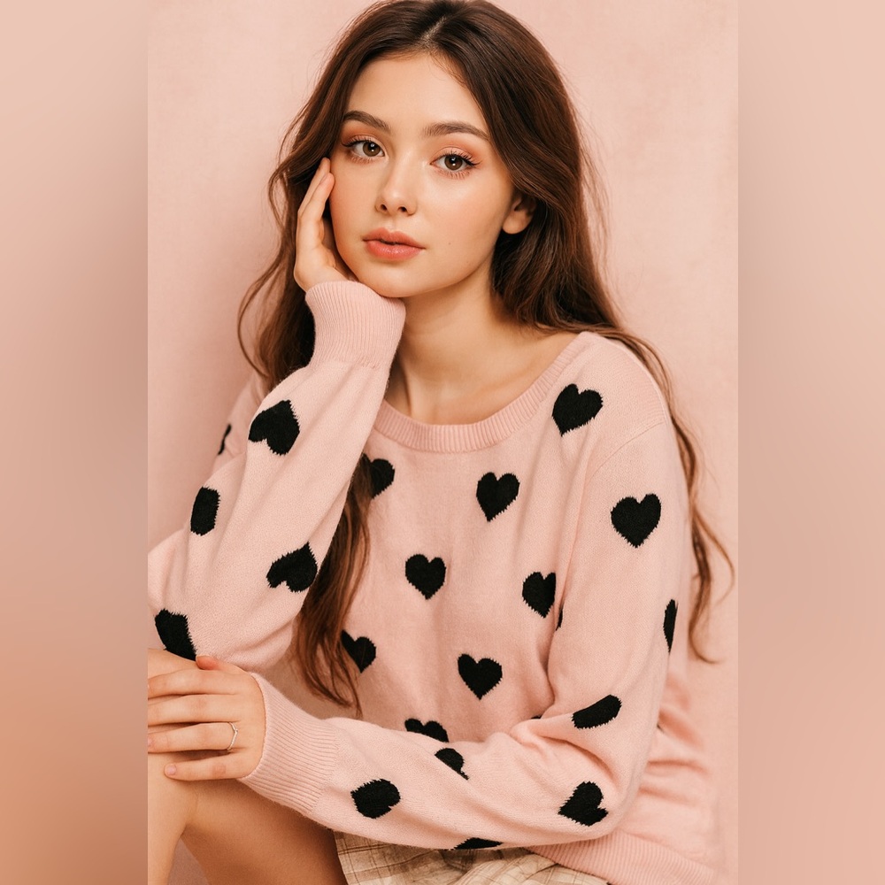 Adrianna Papell Pink Heart Sweater Valentine’s Day Date Top Love Shirt Romantic